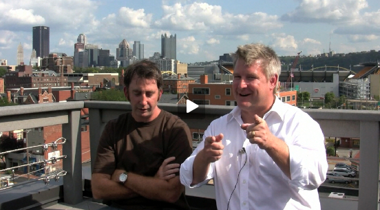 James Nesbitt and Larkin being interviewed on roof of Wall-to-Wall Studios