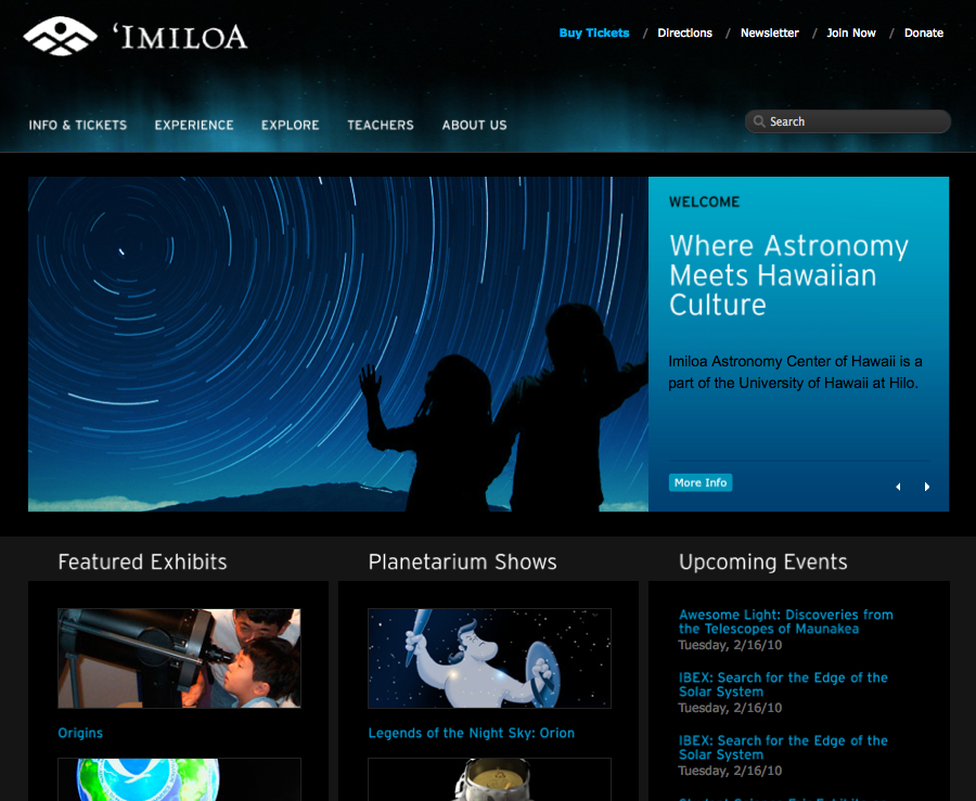 Screen grab of 'Imiloa Astronomy Center website home page.