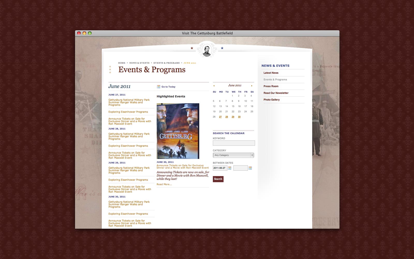 Gettysburg Website calendar