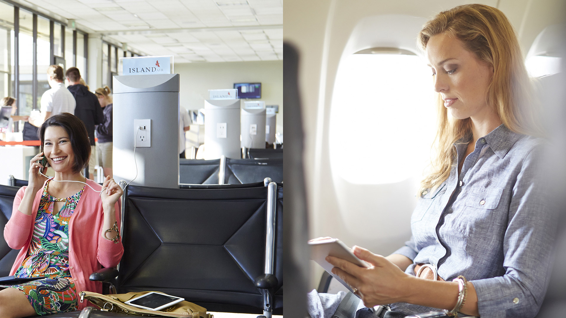 Island Air Gate Chargers Wifi Woman Reading