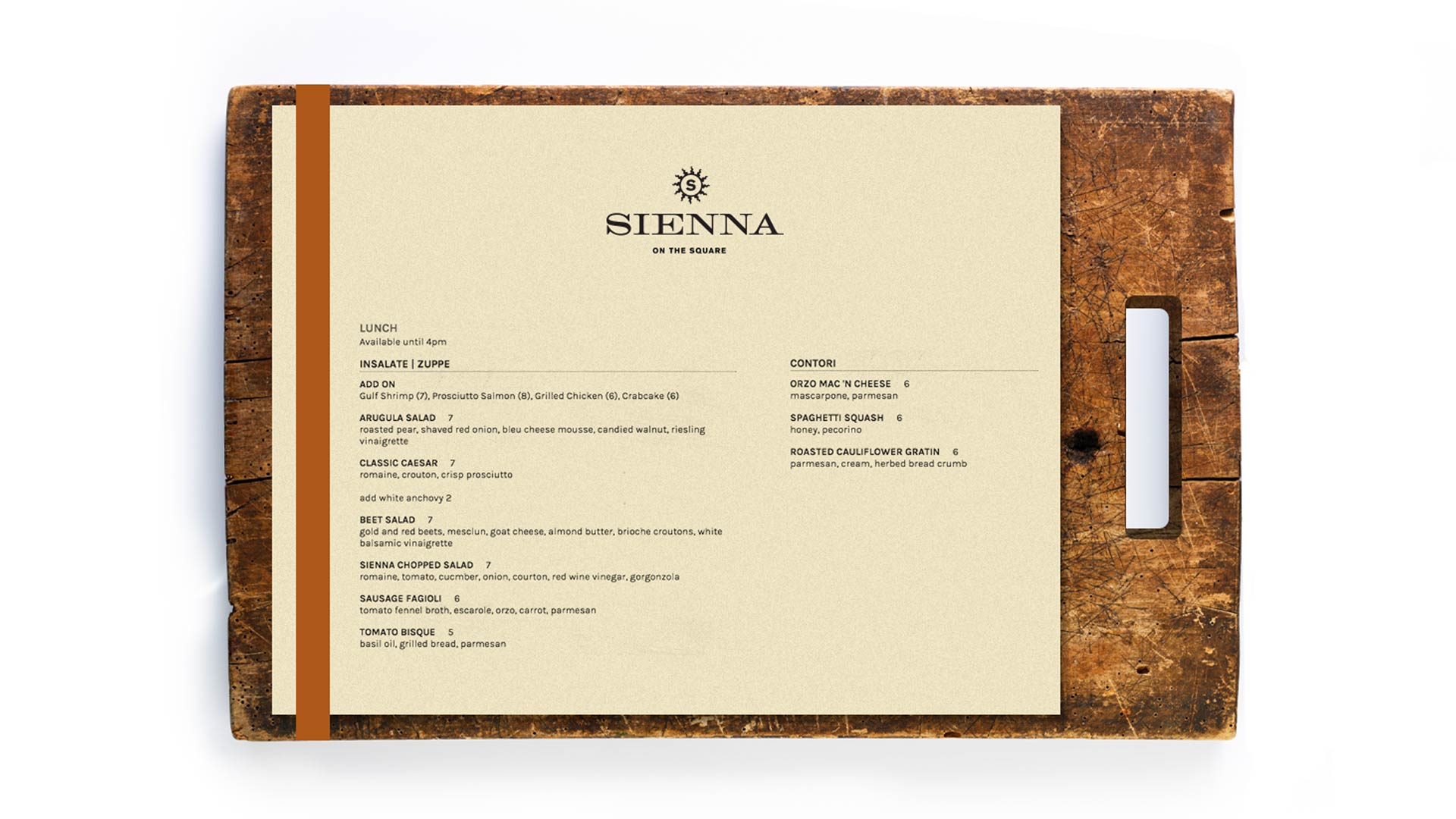 Sienna on the Square menu