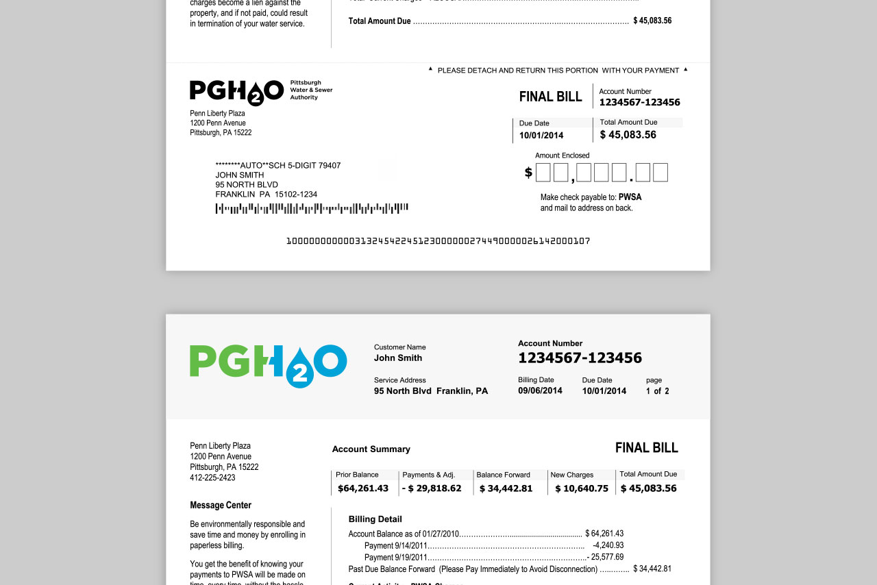 Pittsburgh Water and Sewer Authority PWSA PGH20 customer bill statement