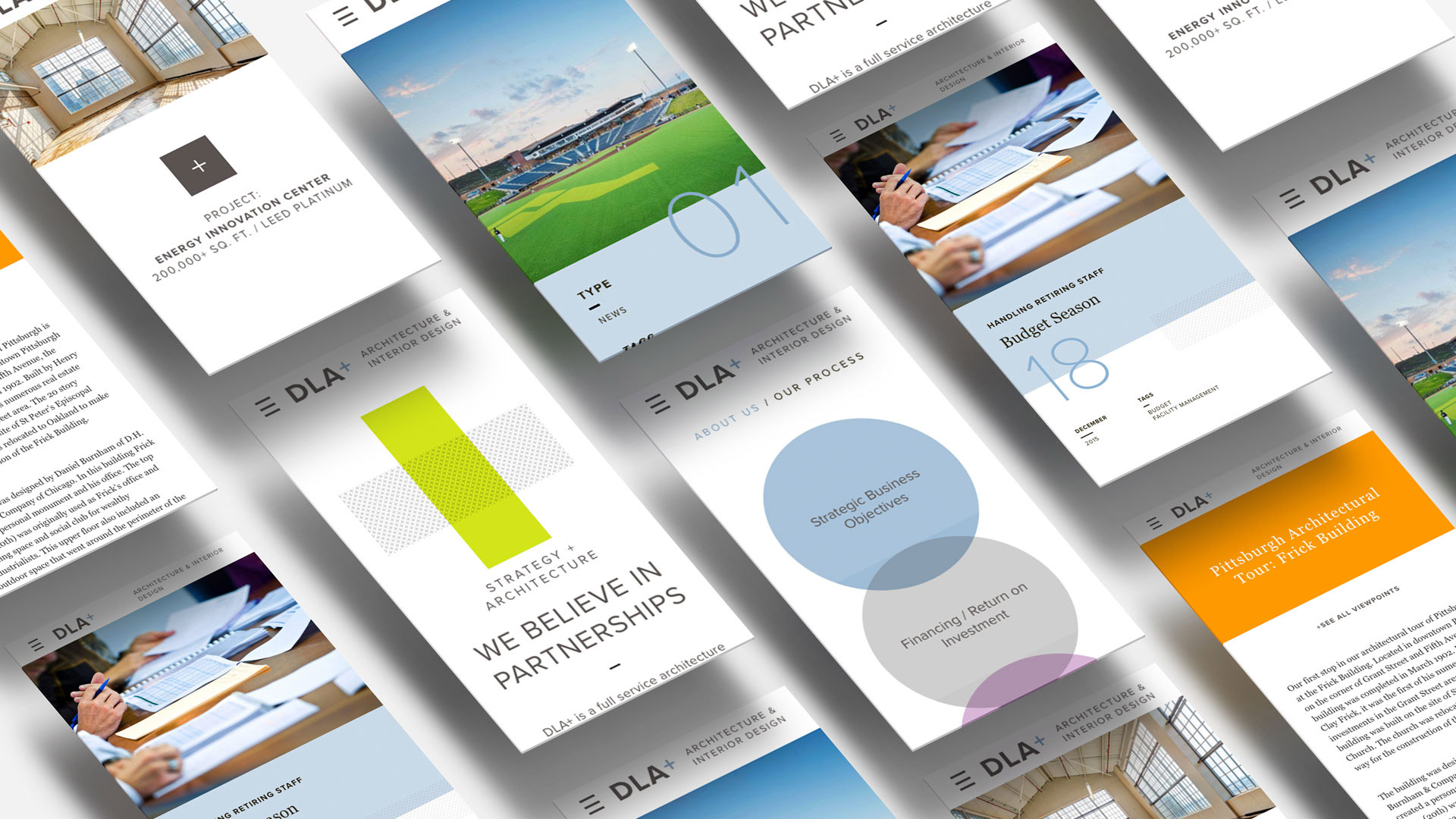 DLA+ Architecture & Interior Design website screen grabs mobile
