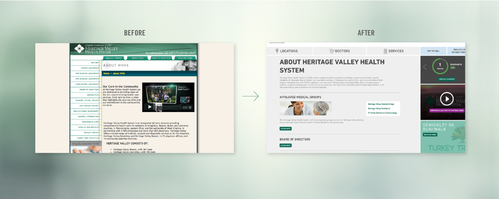 Heritage Valley Health System website before & after