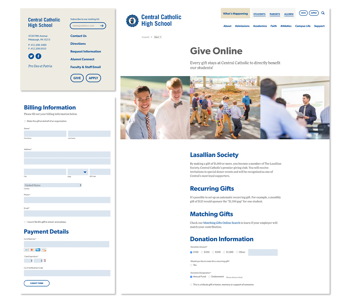 Central Catholic High School website with formstack