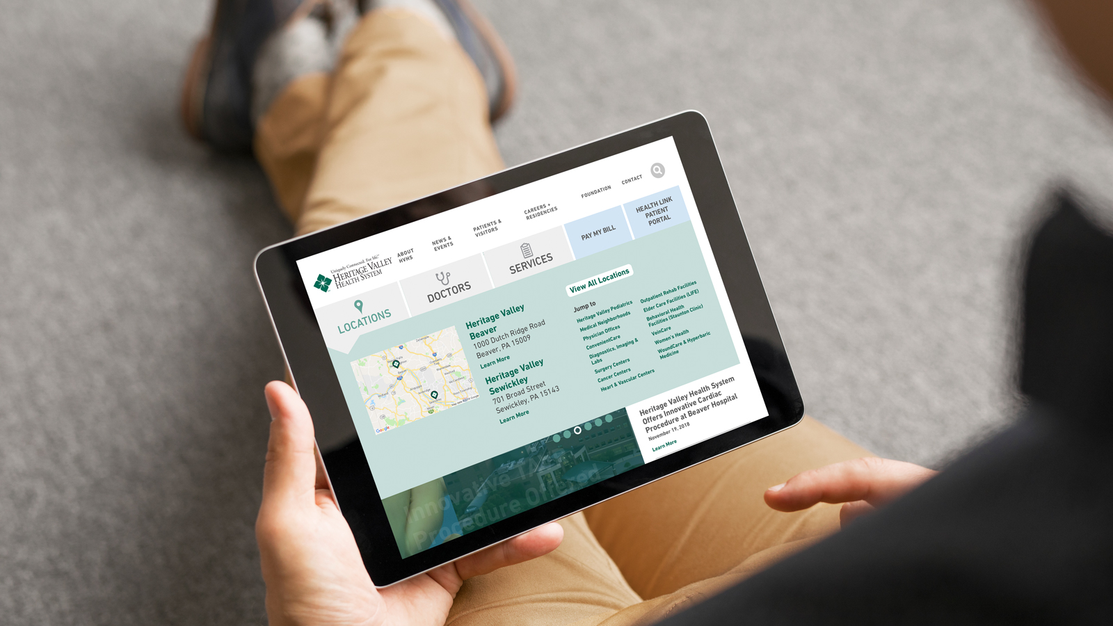 Heritage Valley Health System website on iPad