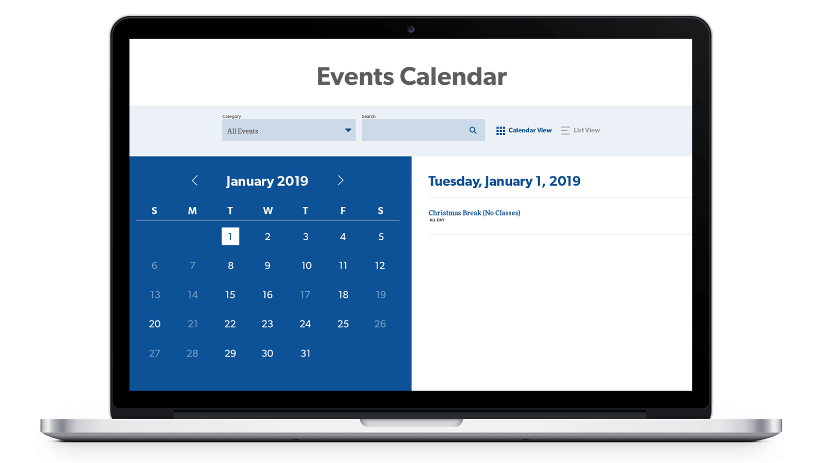 Central Catholic High School website Events Calendar
