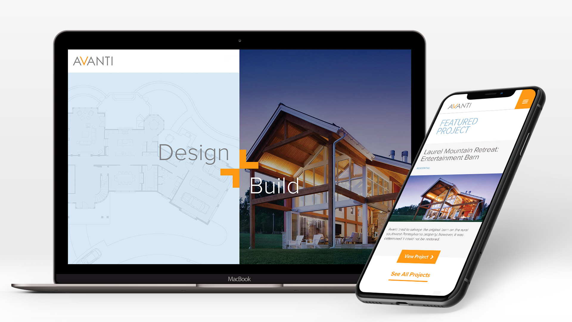 Image of the Avanti Design + Build website's homepage on a desktop and mobile device