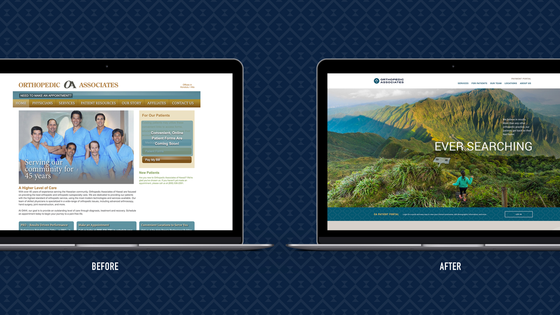Before and after of Orthopedics Hawaii website.