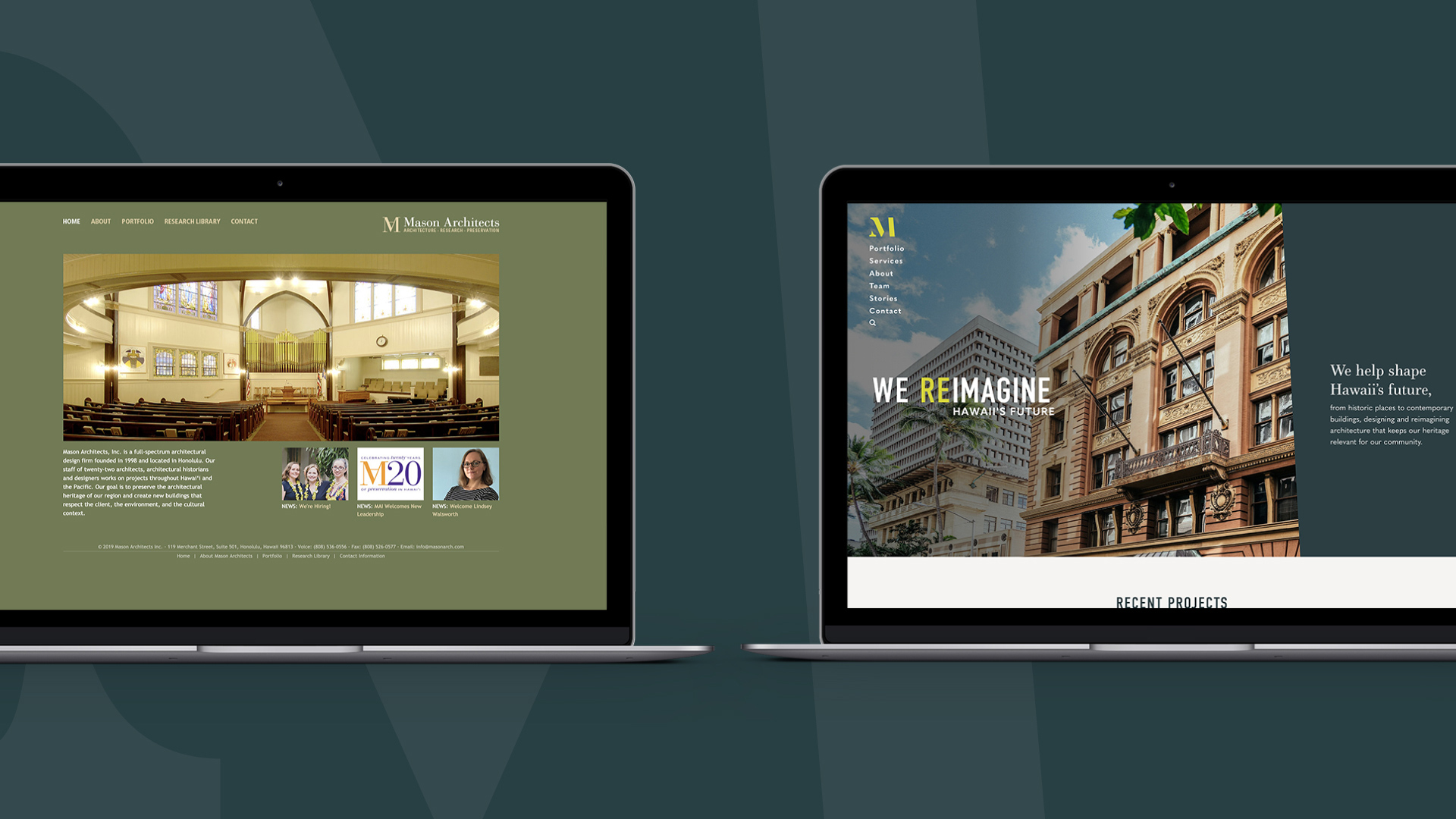 Before & after of the Mason website.