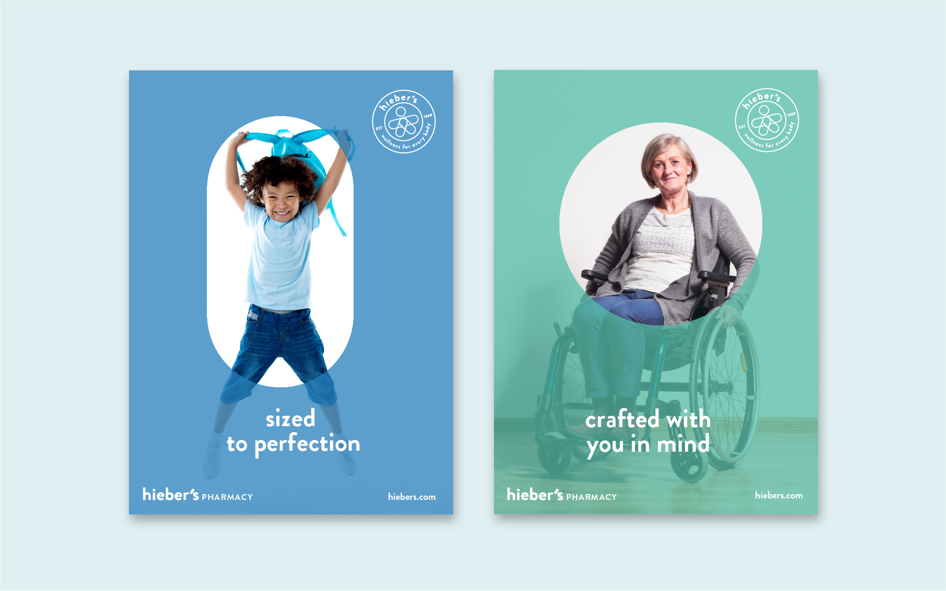 Hieber's Pharmacy marketing layouts with photo hero