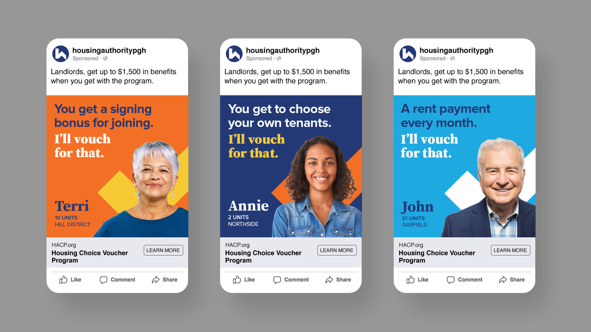 Digital marketing assets for the Housing Choice Voucher landlord recruitment campaign.