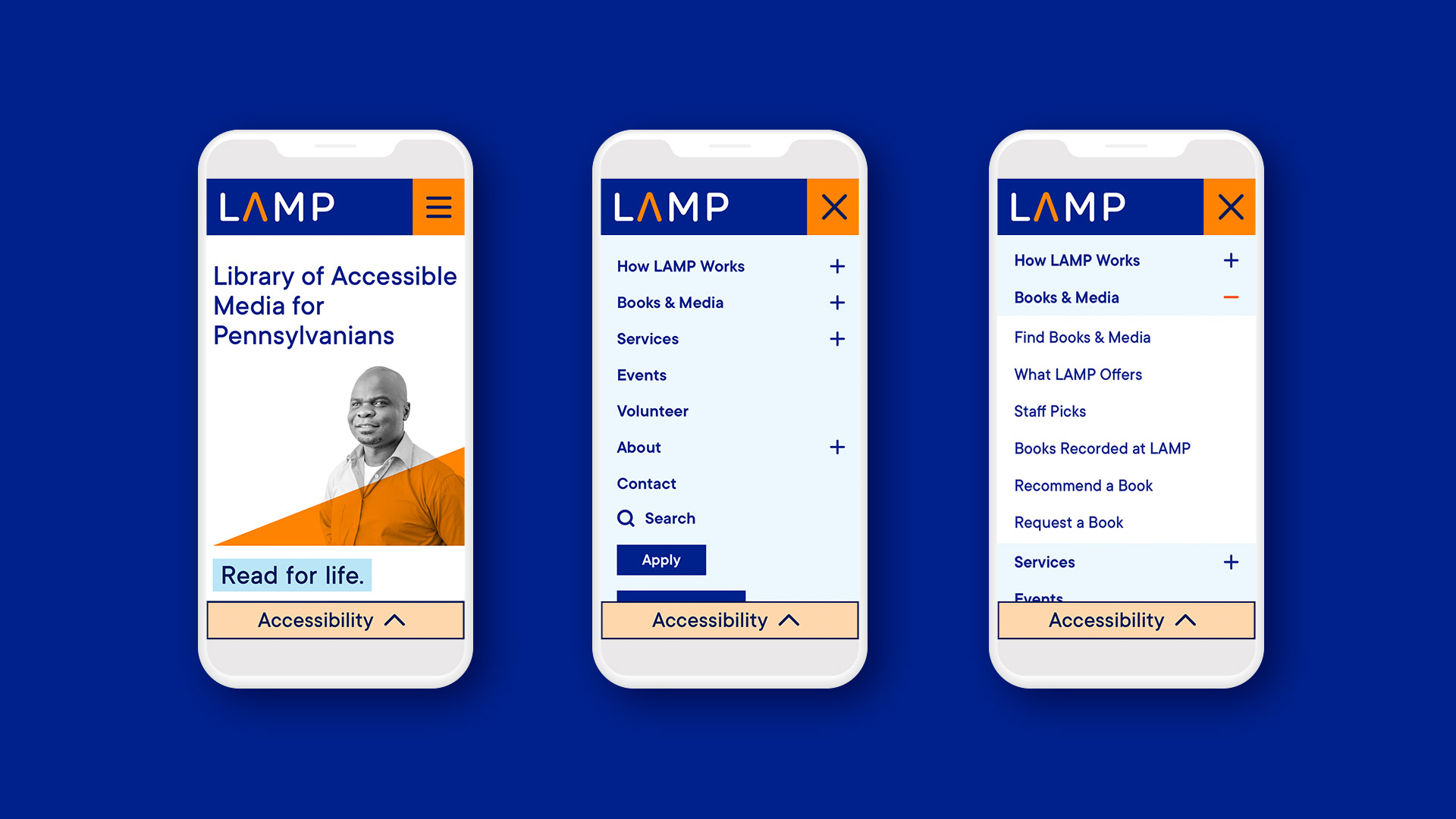 Library of Accessible Media for Pennsylvanians (LAMP) website mobile views