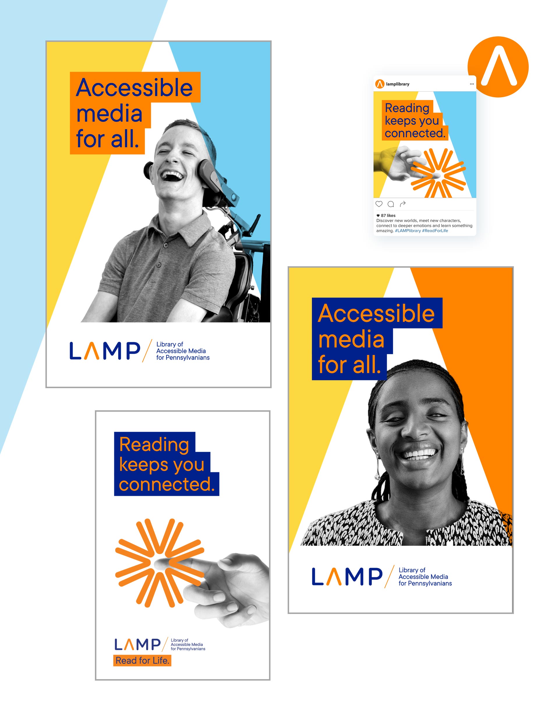 Library of Accessible Media for Pennsylvanians (LAMP) marketing collateral layouts