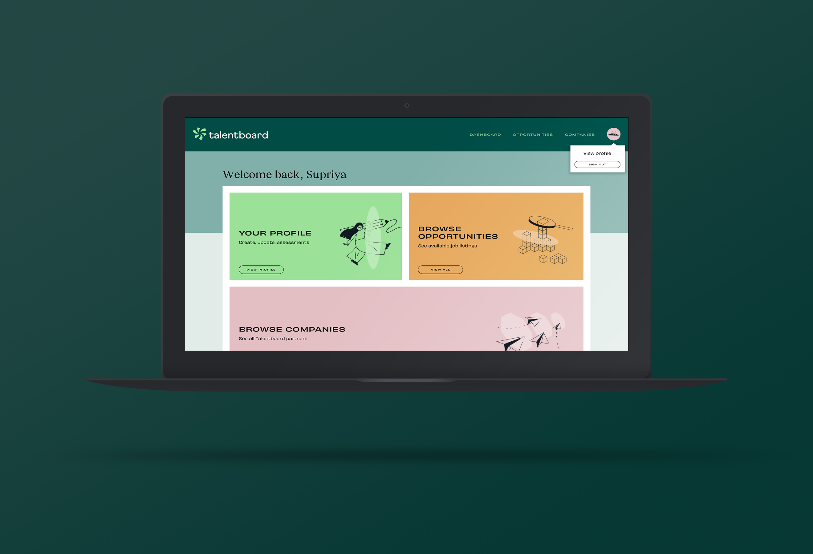 home screen for Talentboard application
