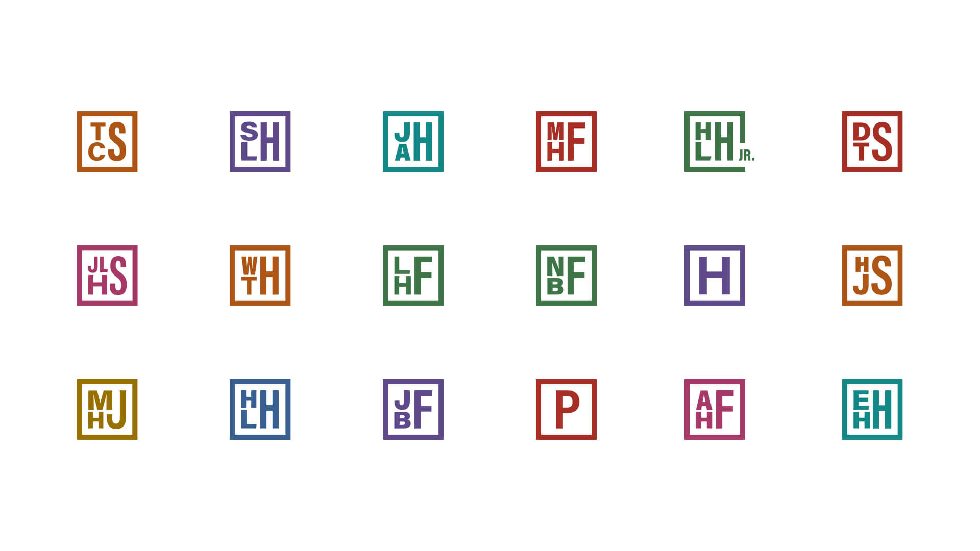 Hillman Family Foundations visual identity system with monograms for entire set
