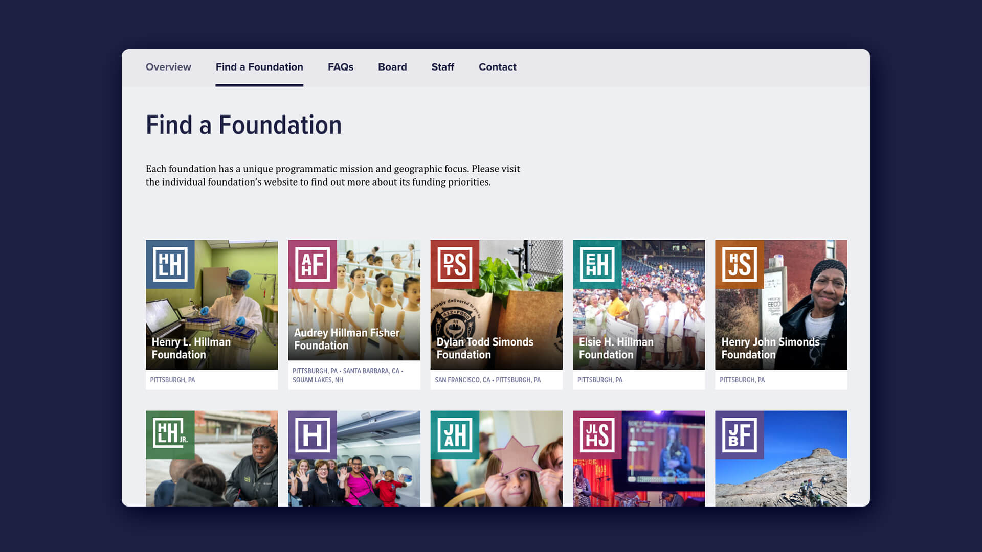 Hillman Family Foundations website find a foundation page