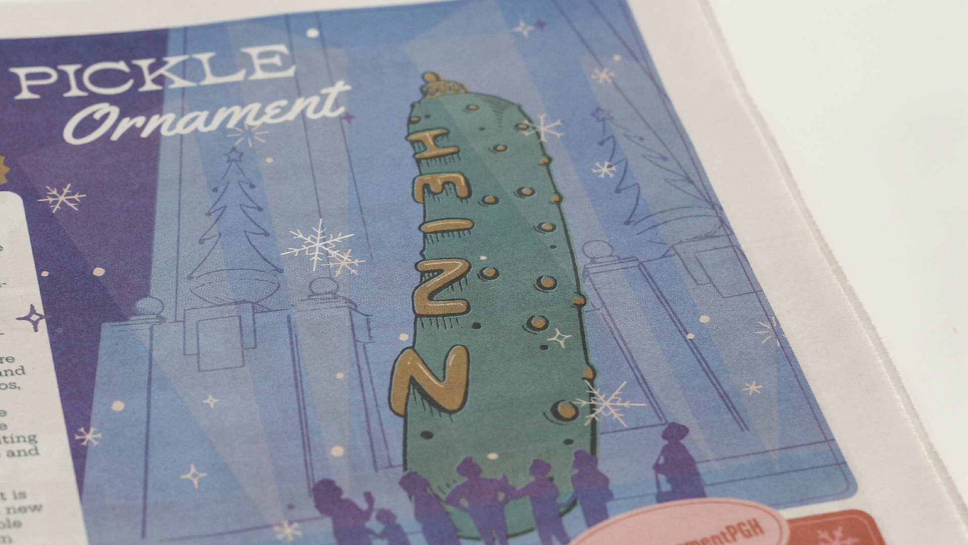 Custom illustration for the world's largest pickle ornament, a holiday favorite for Pittsburghers.