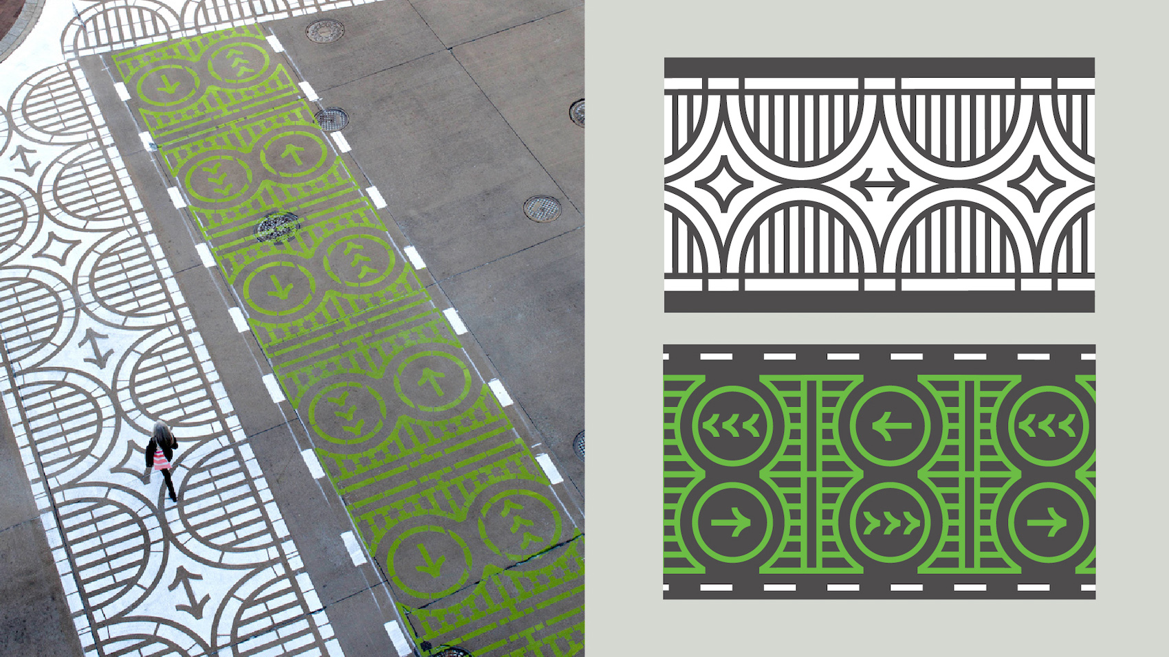 Custom crosswalk design for Pittsburgh, render and photo