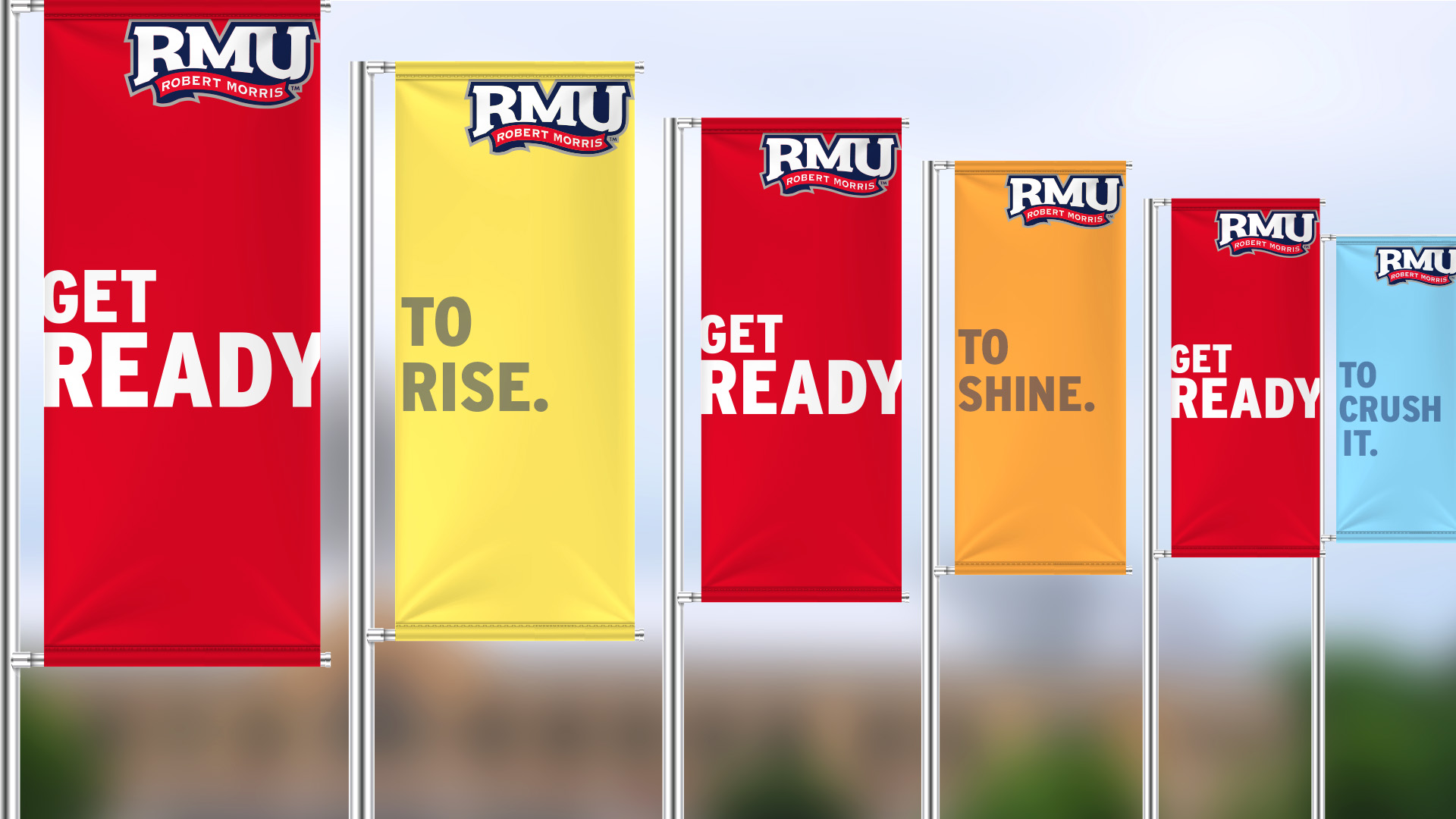 Robert Morris University Get Ready campaign flagpole banners on campus