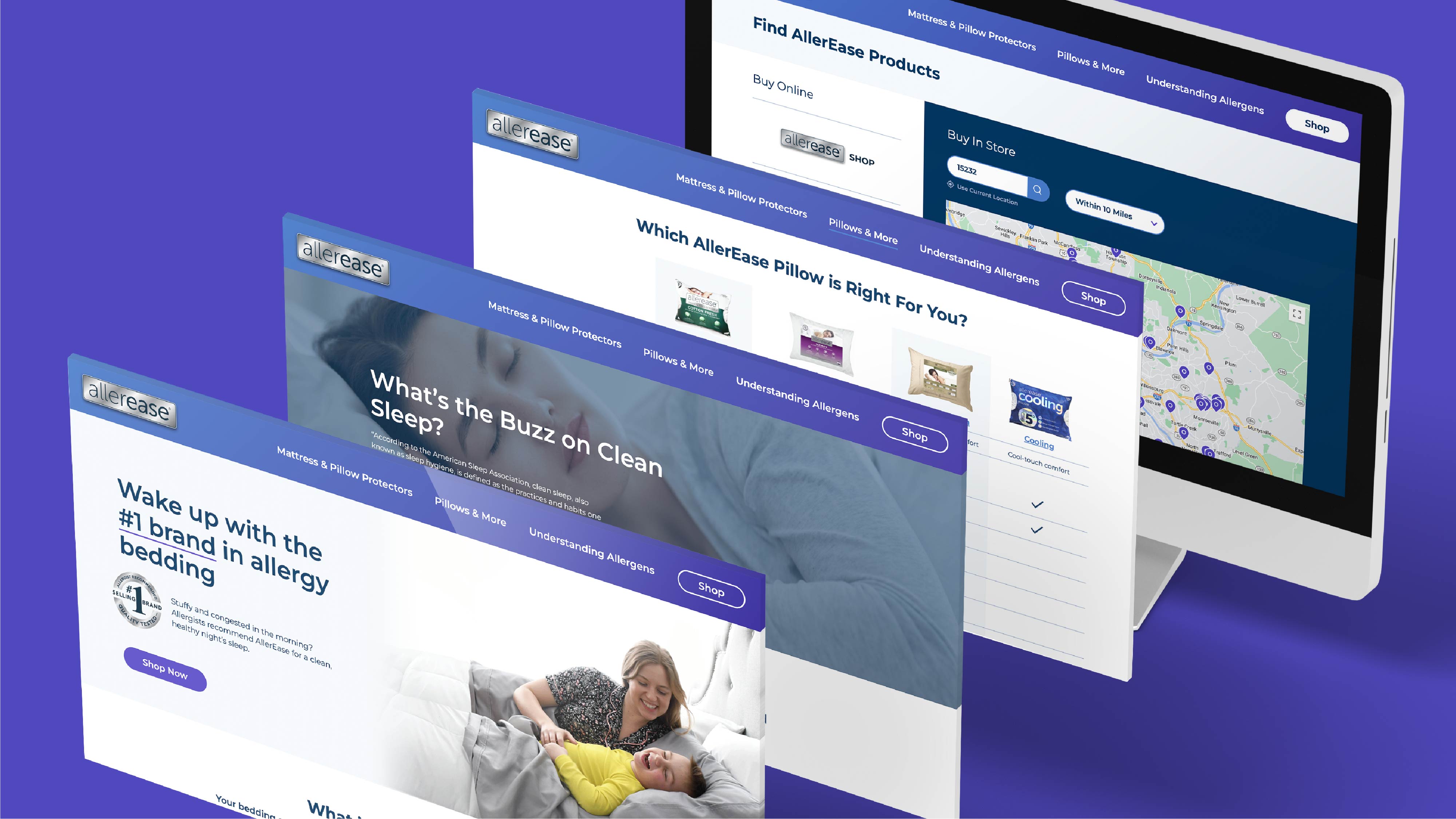 AllerEase website, screen grabs of desktop views