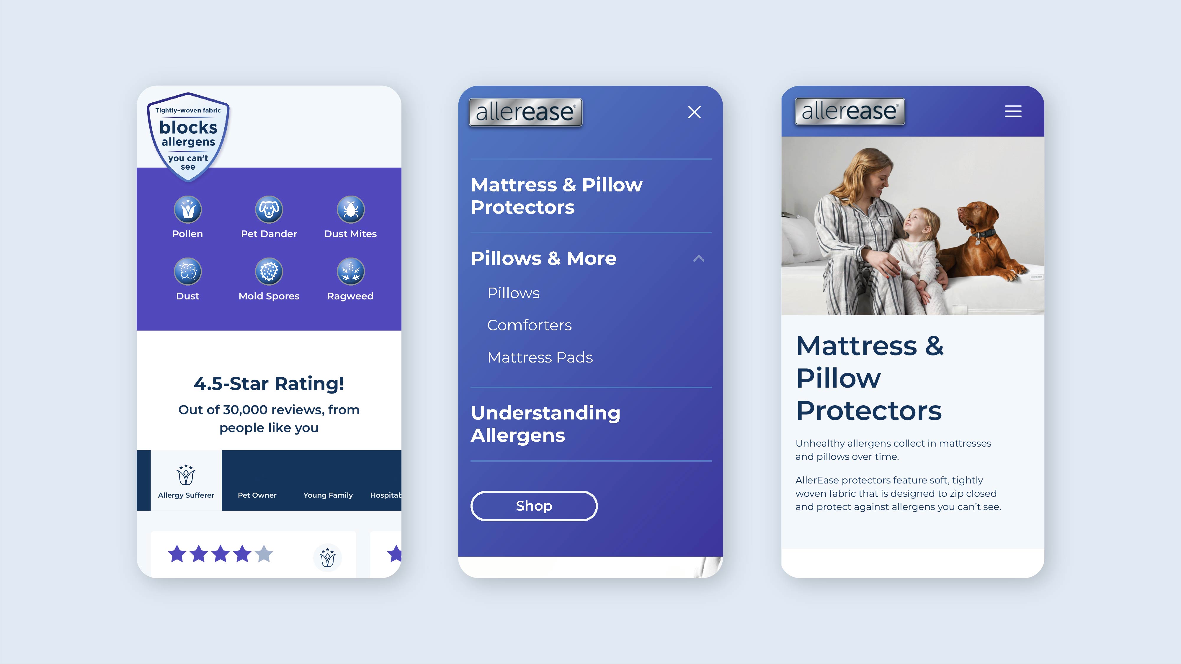 AllerEase website, mobile views