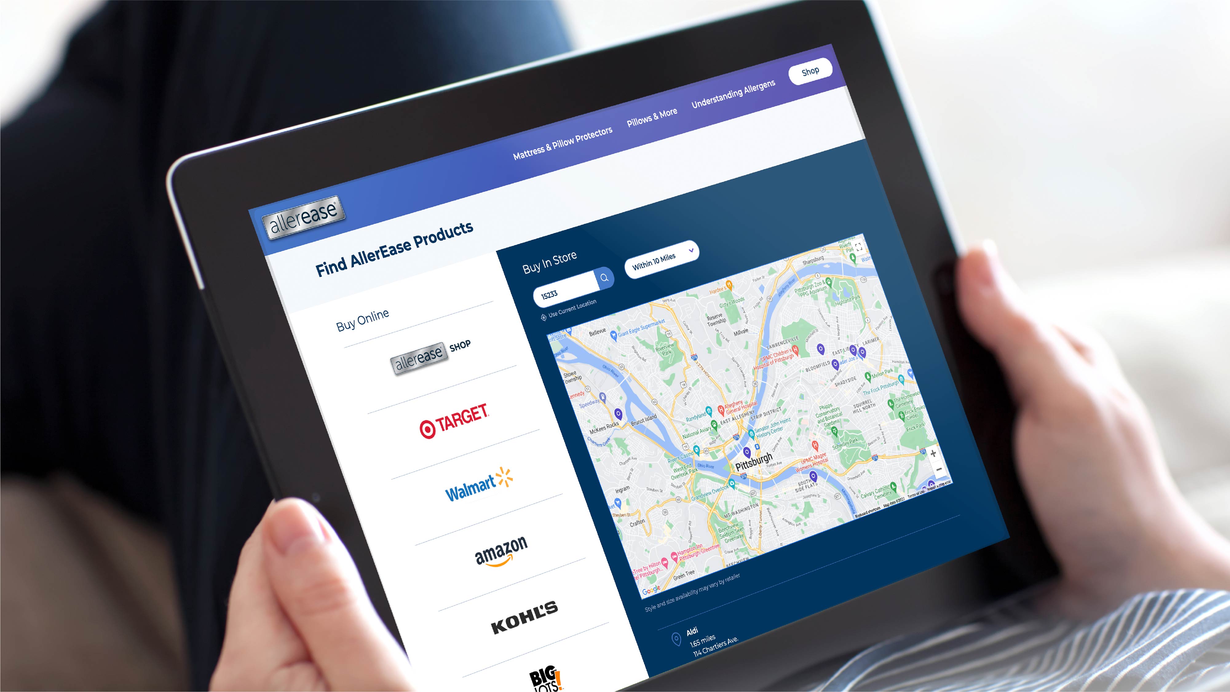 AllerEase website, tablet view of store locator