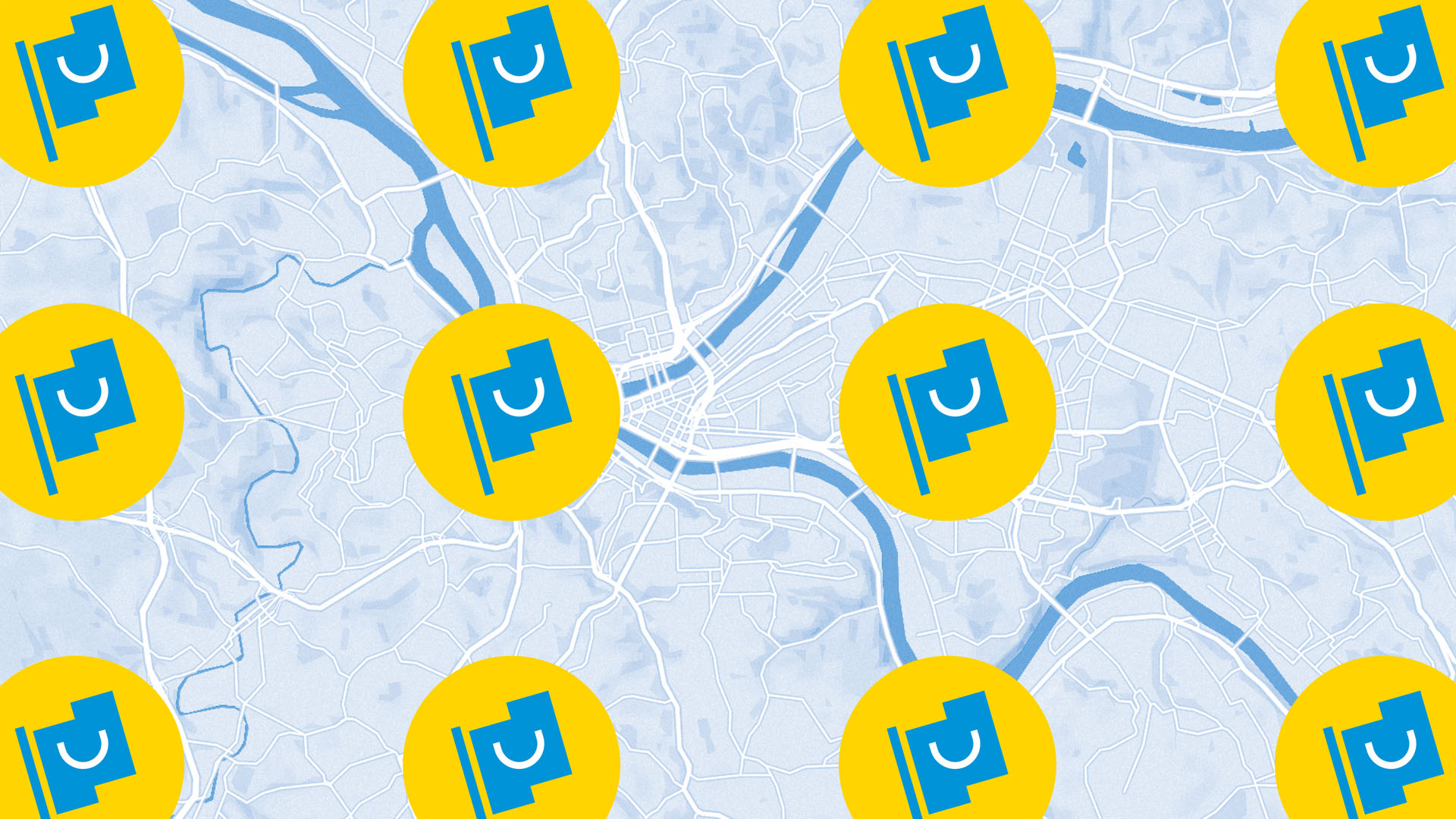 Map of Pittsburgh with URA branded flags