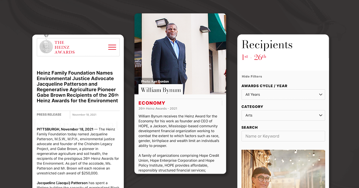 Mobile device views of key pages from the Heinz Awards website.