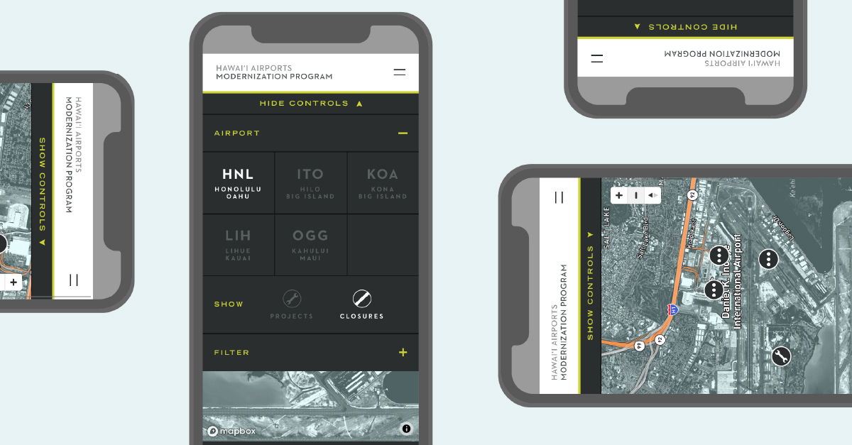 mobile screens of the Hawaii Airports Modernization Program website