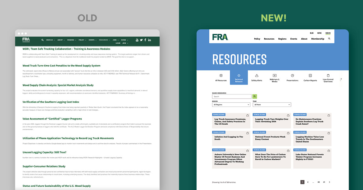 Before and after views of the resource section of the site.