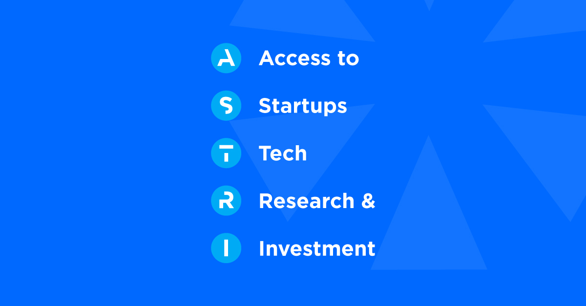 Custom letterforms create ASTRI's acronym: Access to Startups, Tech, Research, and Investment.