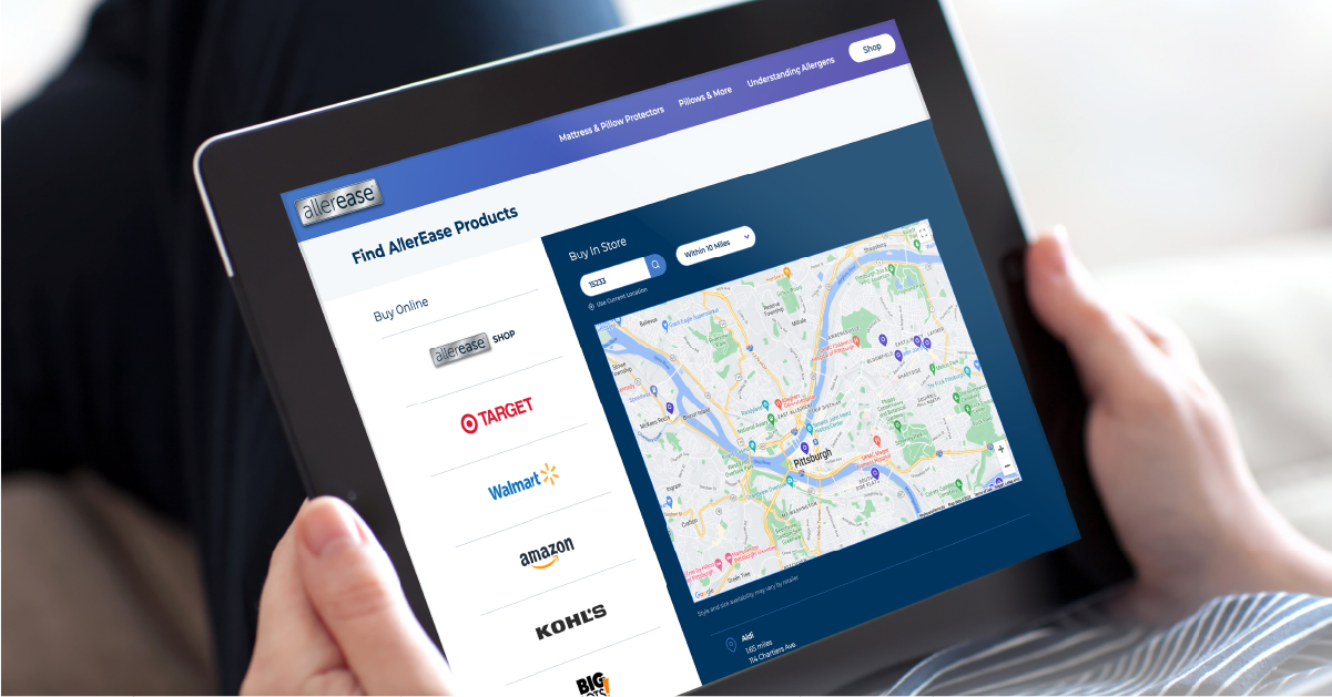 The website's store section helps connect consumers to retailer partners that sell AllerEase.