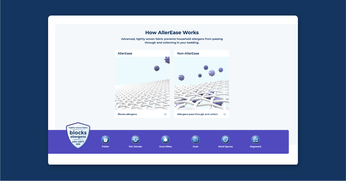The website leverages custom illustration and animations to showcase how the bedding is an effective allergen barrier.