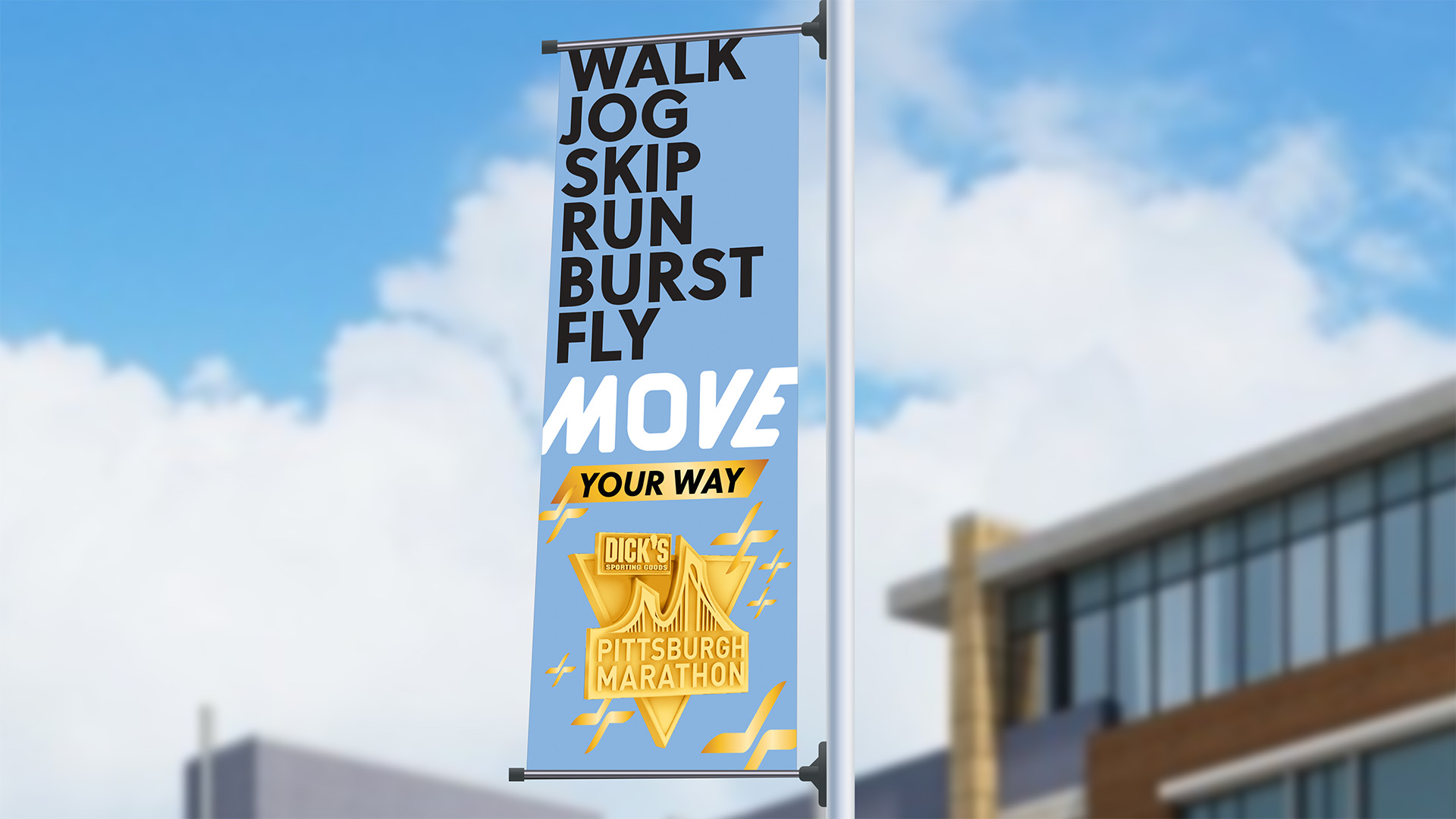 2023 Pittsburgh Marathon branding on lightpole banner