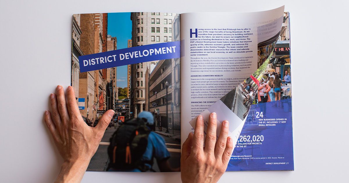 Inside spread for the Pittsburgh Downtown Partnership's 2022 Annual Report