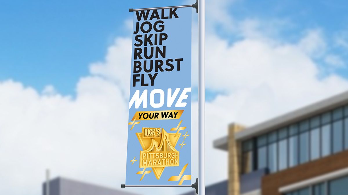 2023 Dicks Sporting Goods Pittsburgh Marathon branding on light pole banner