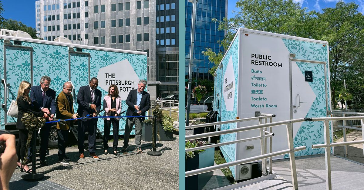 Photo of branded Pittsburgh Potty Public Restroom PDP with Mayor Ed Gainey