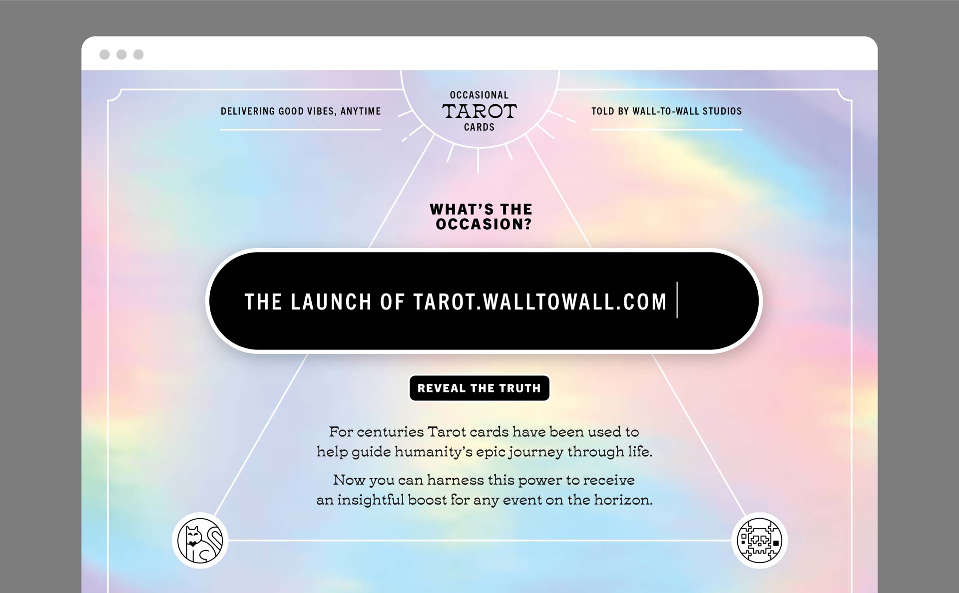 The landing page of W|W Occasional Tarot Card digital environment.