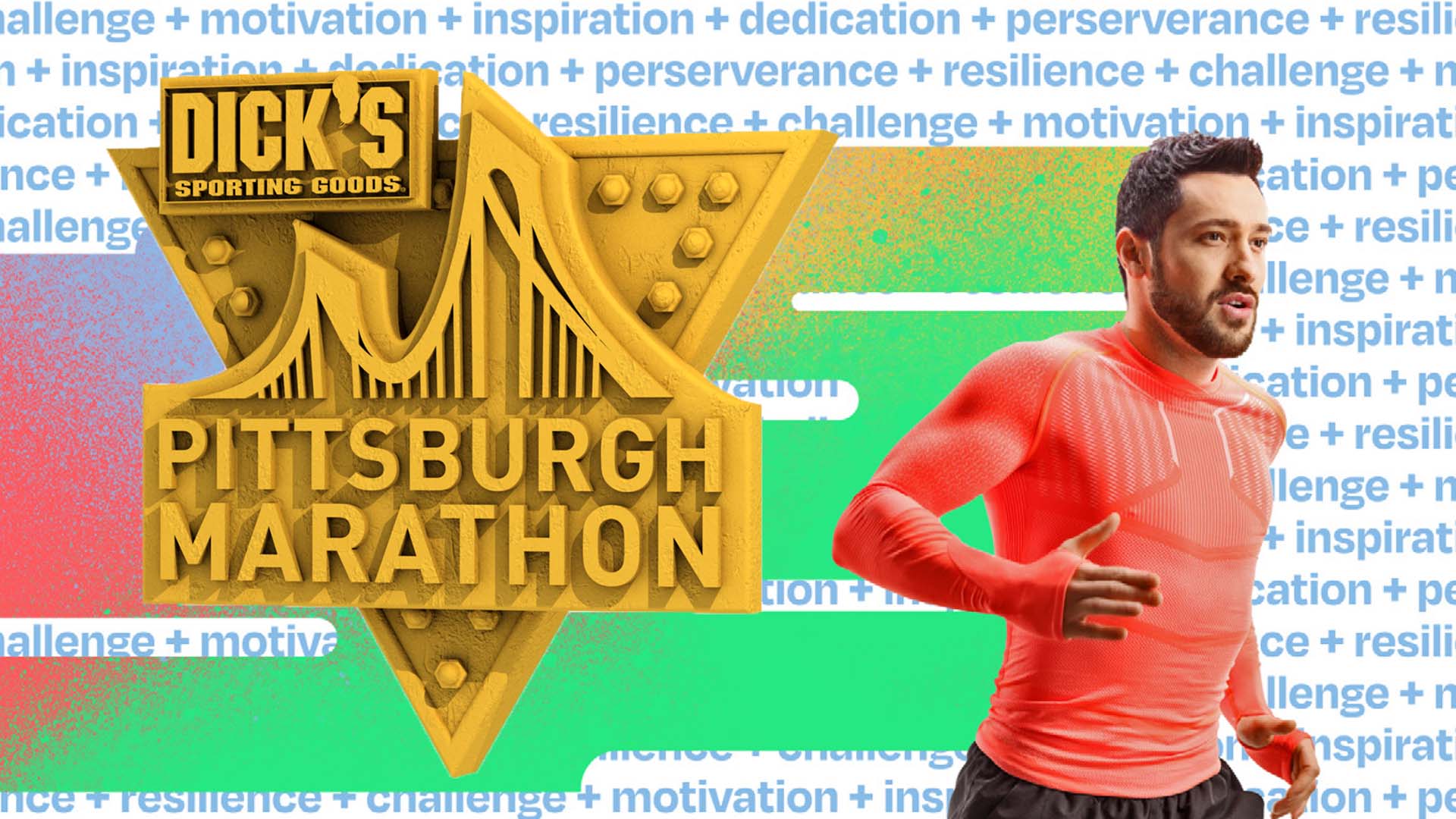 Dimensional, branded Pittsburgh Marathon logo, integrated with the campaign graphics.