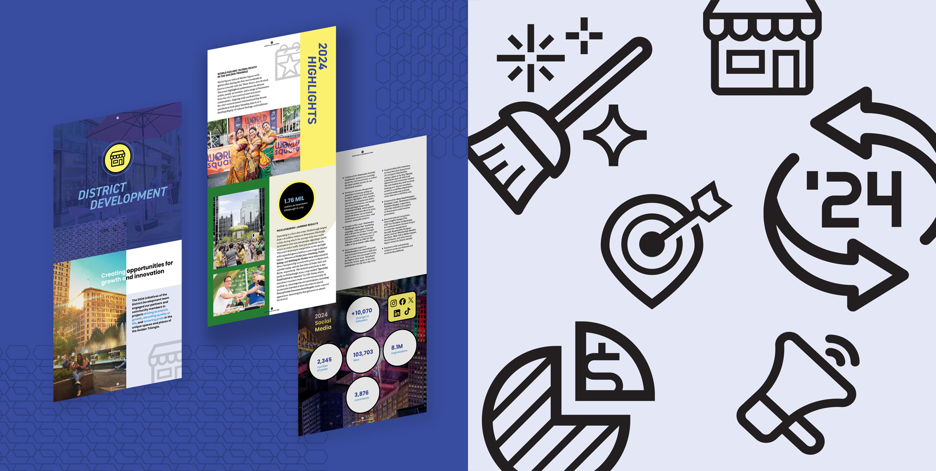 Sample layouts and graphic elements from the 2024 Annual Report.