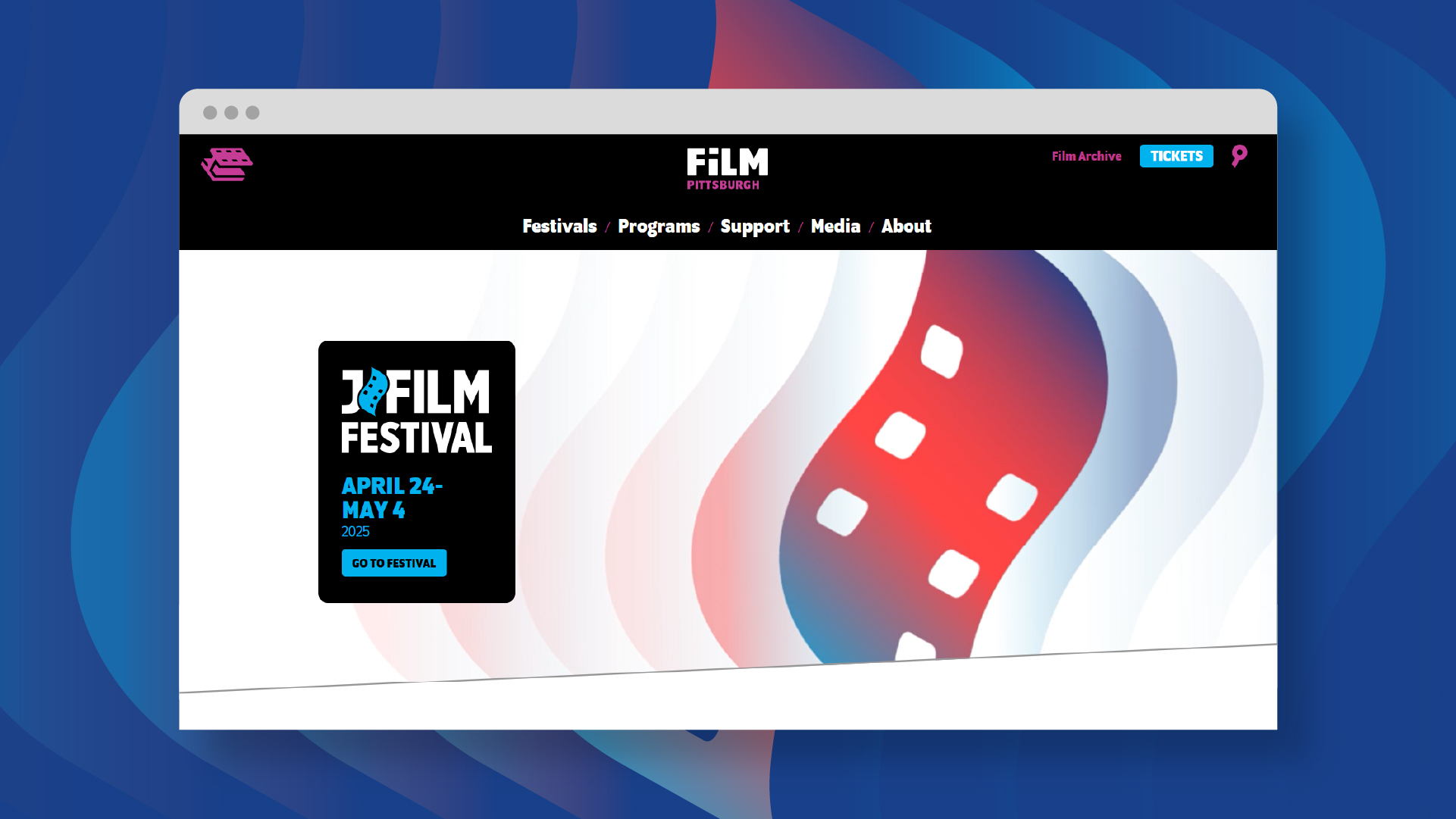 The JFilm Festival website home page with 2025 branding.