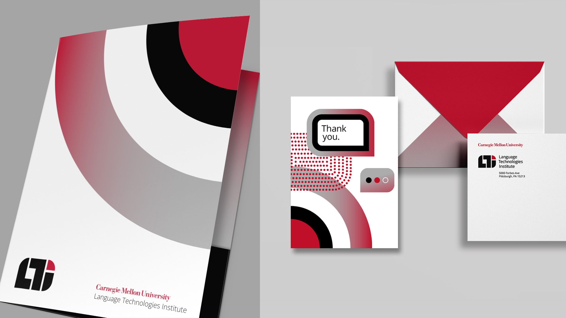The CMU LTI stationery system, with the new visual branding implemented.
