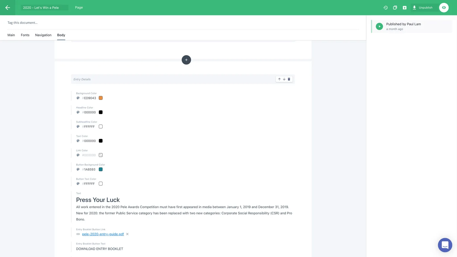 Pele 2020 prismic dashboard