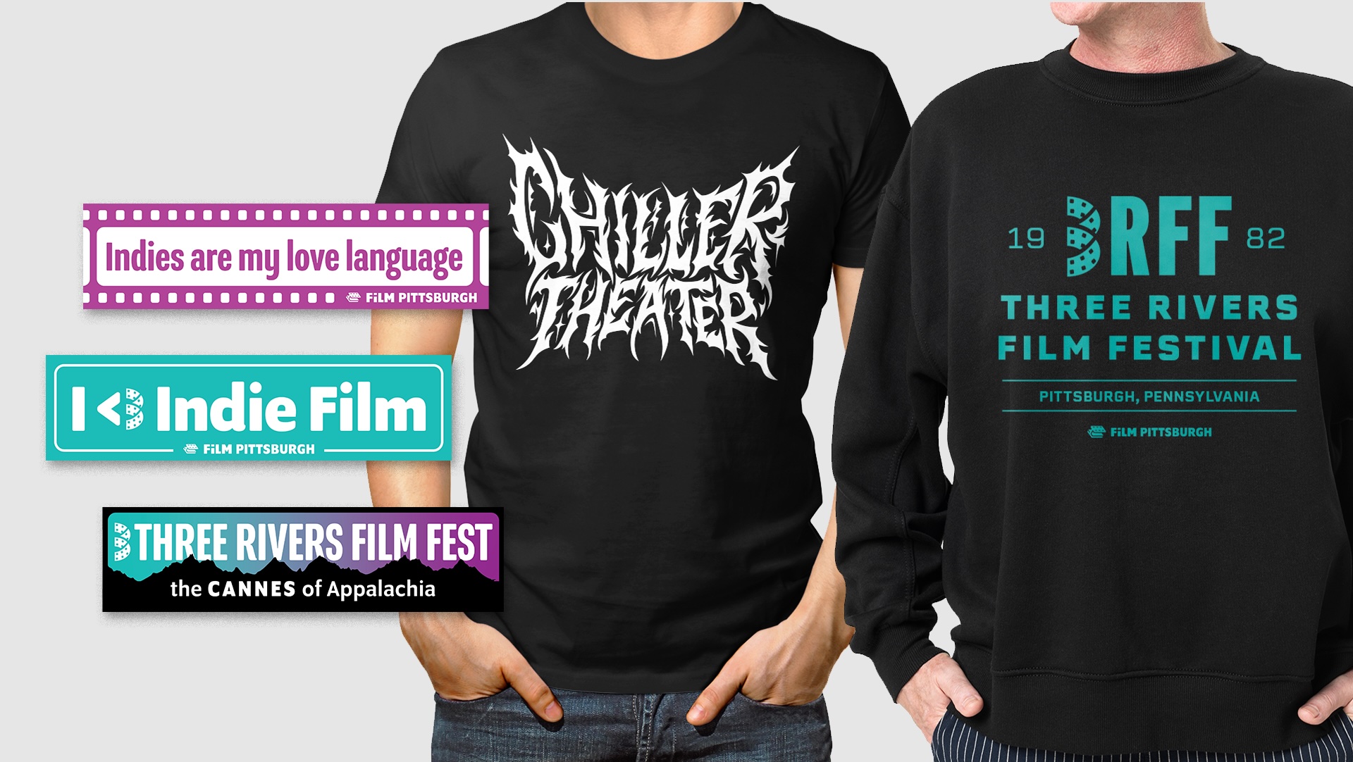 Cool shirts and fun stickers for the 2025 Three Rivers Film Festival.
