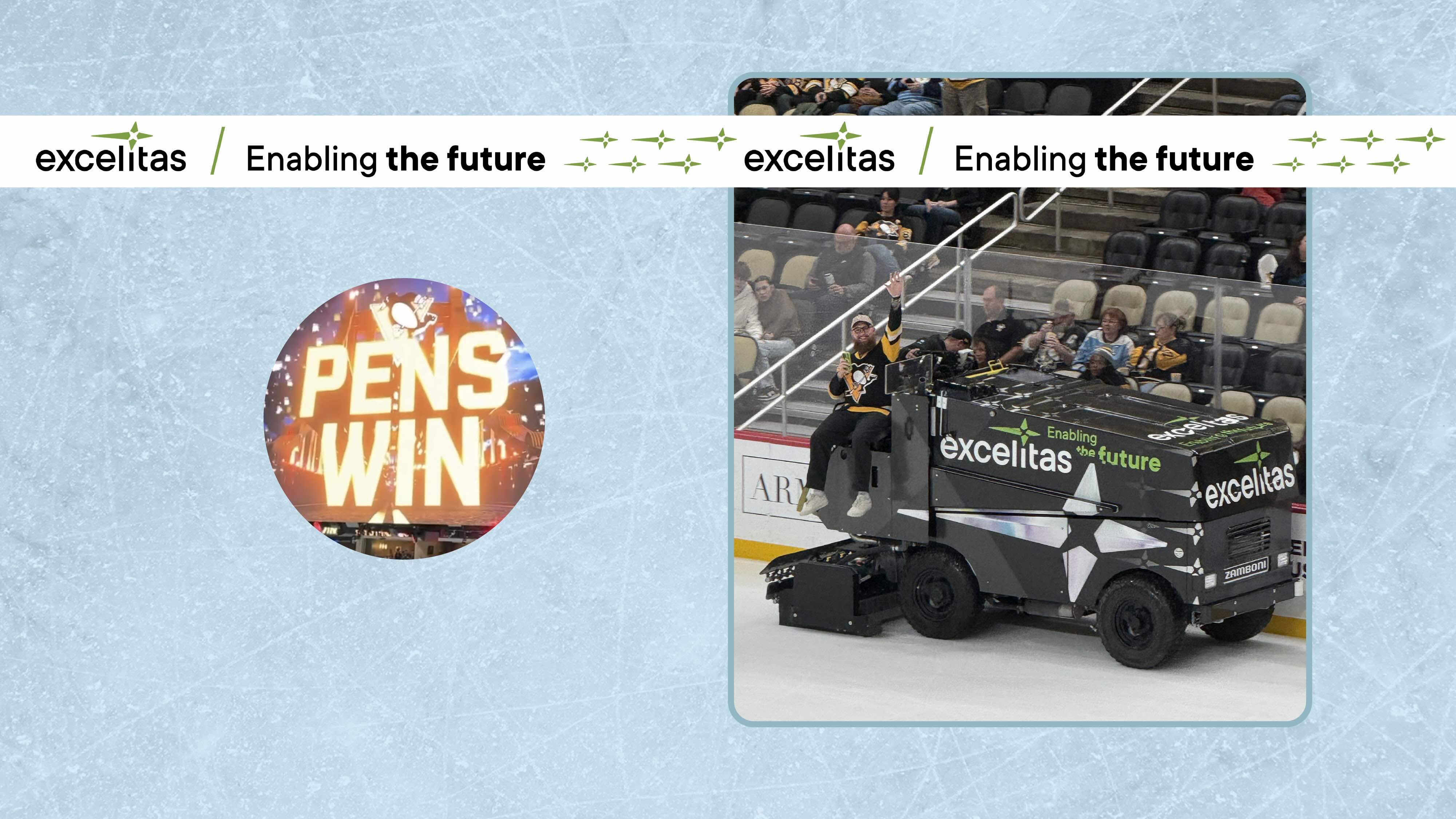 Photo of David Johnson riding the Pittsburgh Penguin's Zamboni, wrapped with Excelitas branding