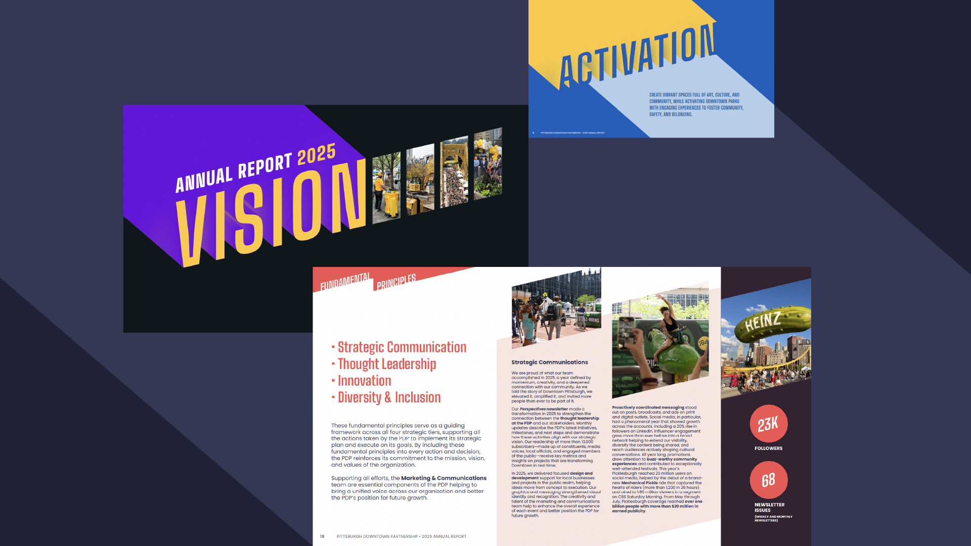 Cover and spread from the 2025 PDP Annual Report shows how the graphic system is extended and applied.