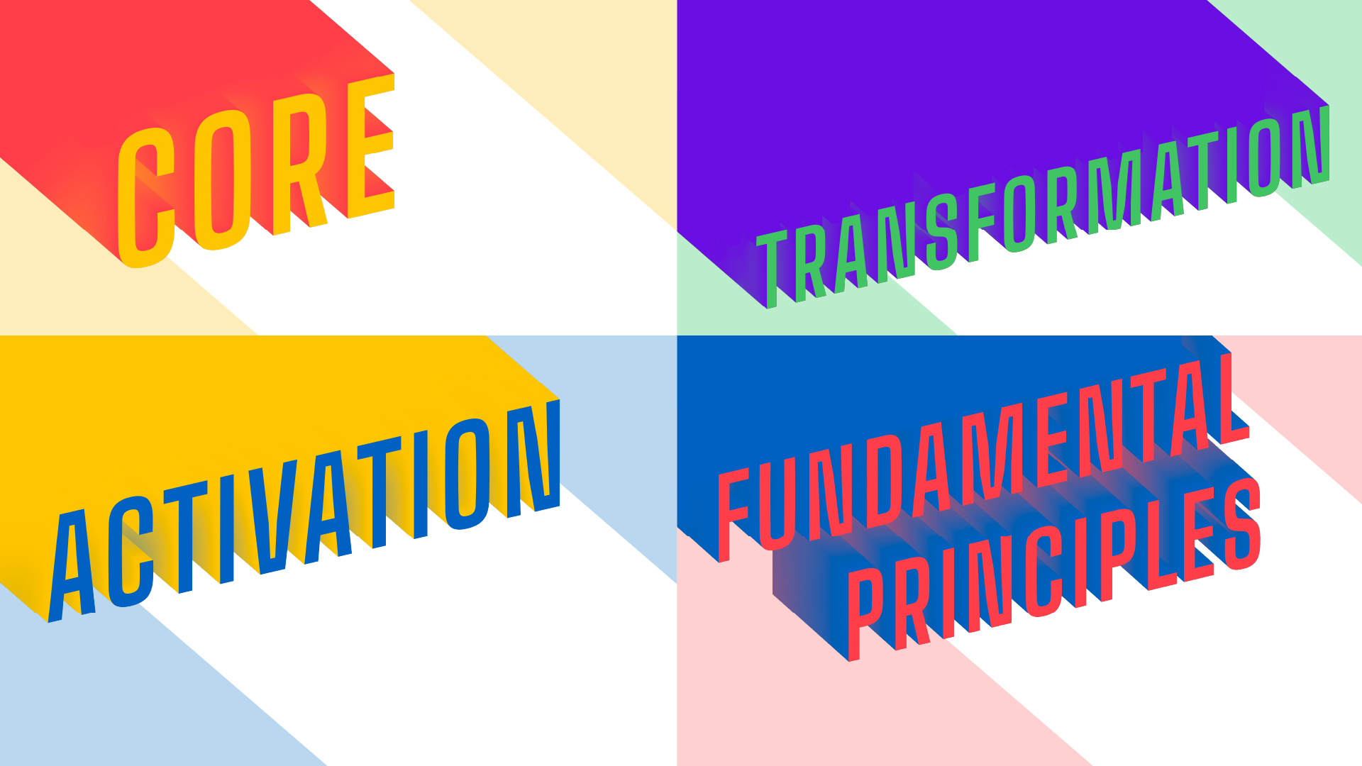 Heroic, bold typographic is used to frame the core pillars of the PDP's Strategic Plan.