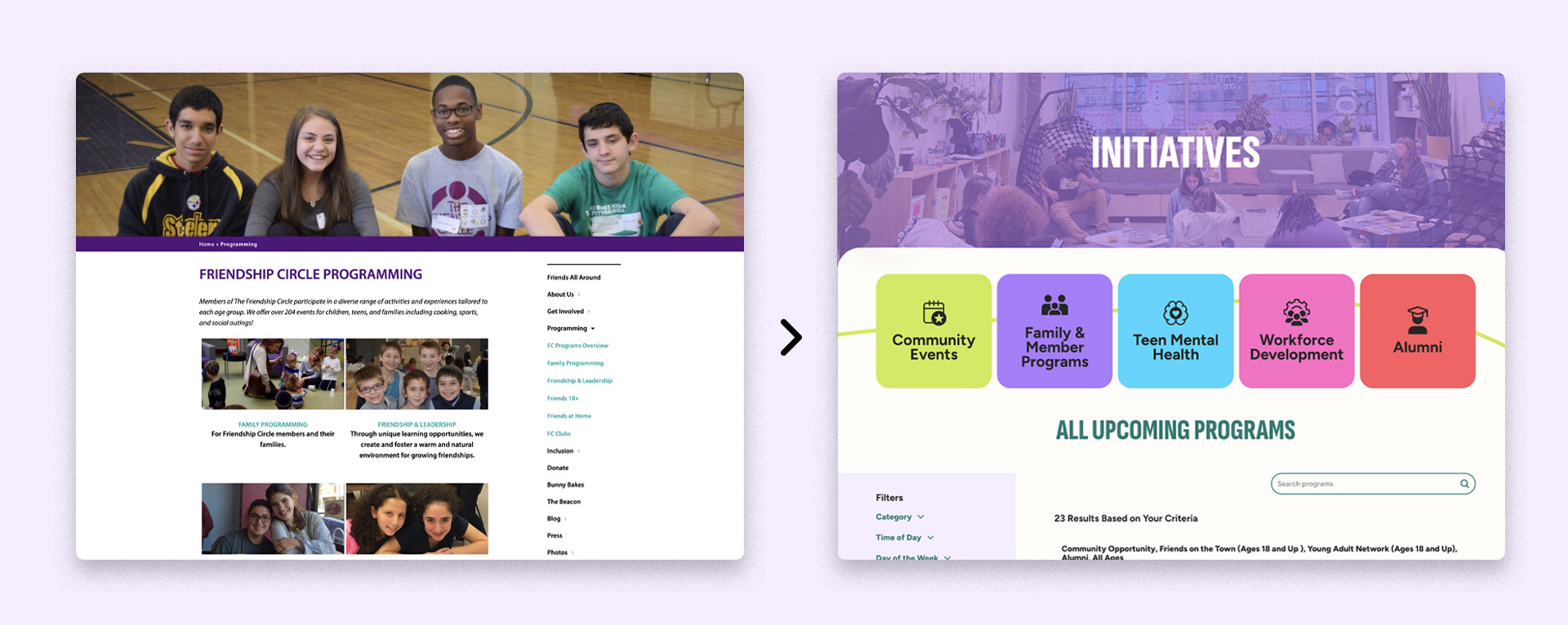 before and after view of the Friendship Circle of Pittsburgh website initiatives page