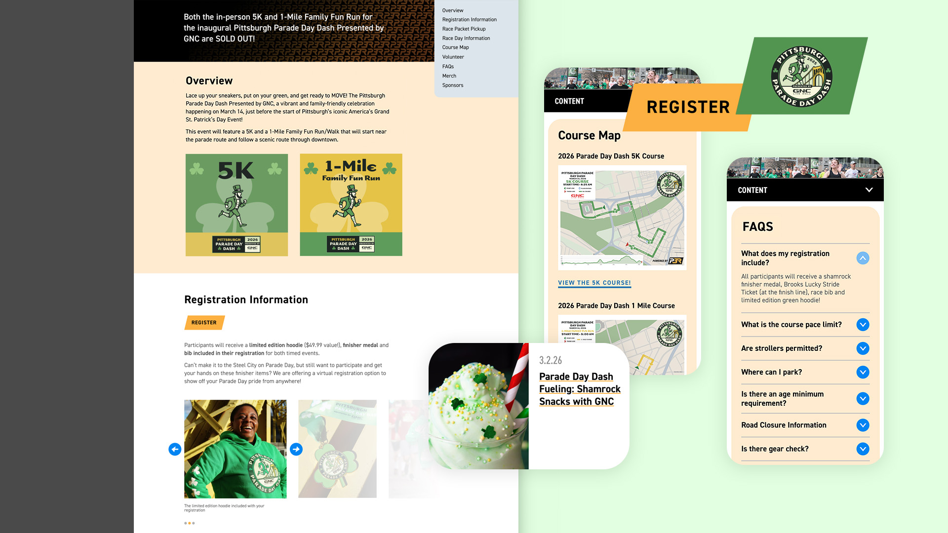Detail view of robust landing page for the Parade Day Dash.
